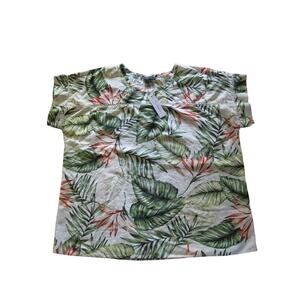 NEW RD & KoKo Linen Shirt Tunic 2X Tropical Leaves Print Blouse Short‎ Sleeve